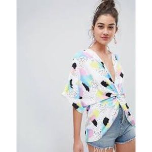 ASOS DESIGN knot front top with kimono sleeve in graphic print